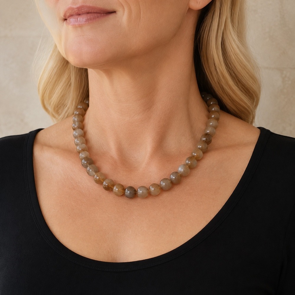 Womens Brown Amber Grey Swirl Bead Statement Necklace Gold Tone Adjustable Clasp